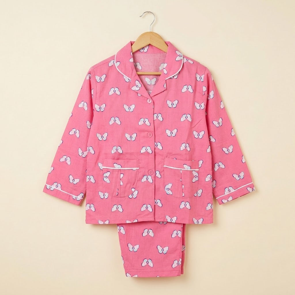 Butterfly In Pink Cotton Nightsuit