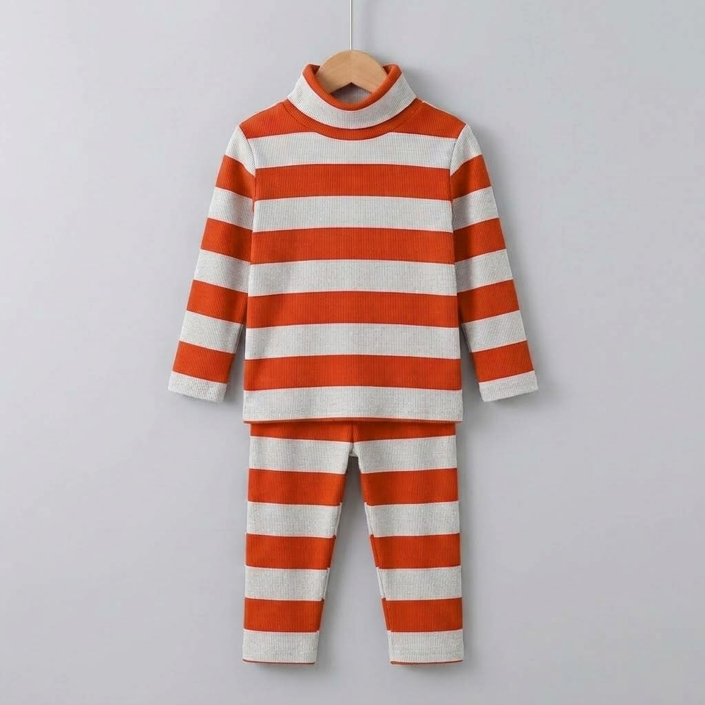 Red And Beige Stripes Highneck Set