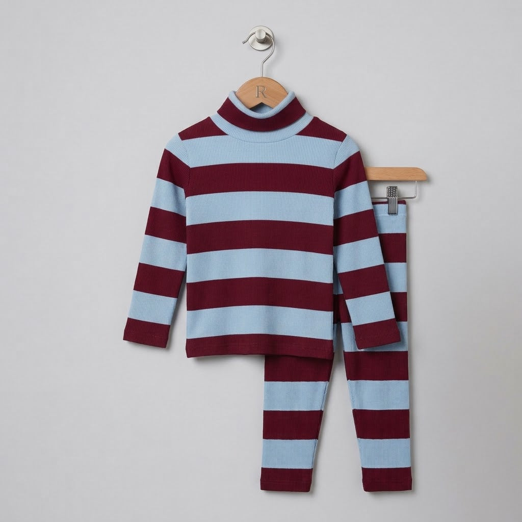 Blue And Maroon Stripes Highneck Set