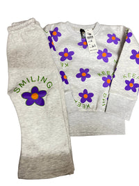 Grey Purple Floral Fleece Tracksuit