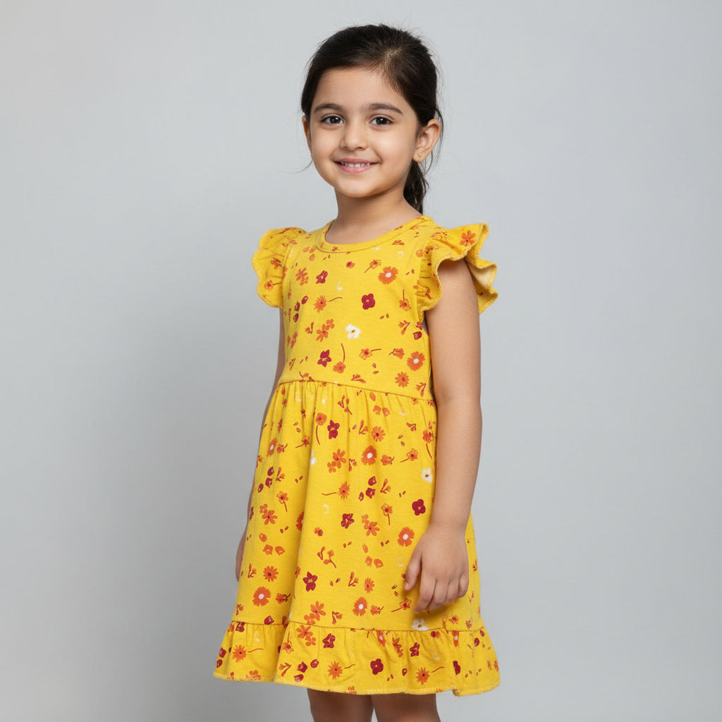 Red With Yellow Flower Cotton Jersey Frocks