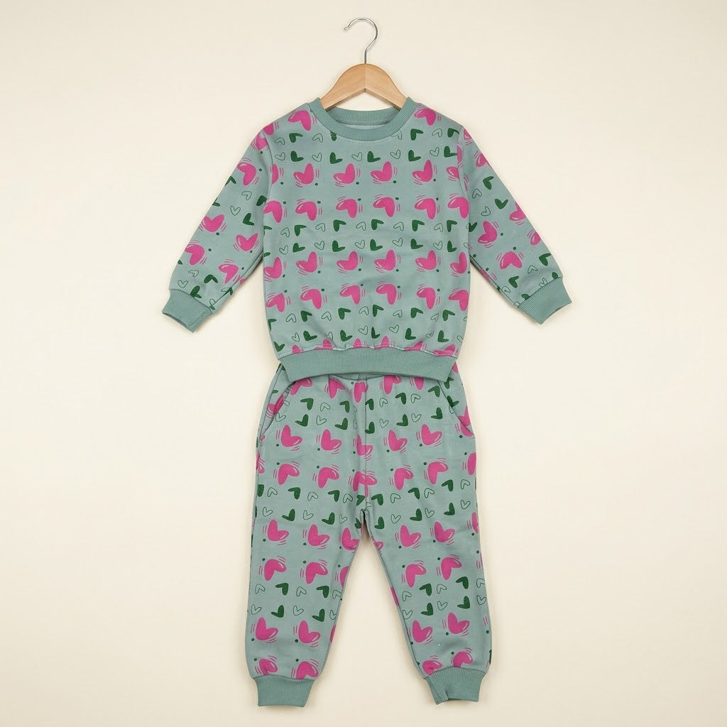 Pink Hearts In Green Fleece Tracksuit