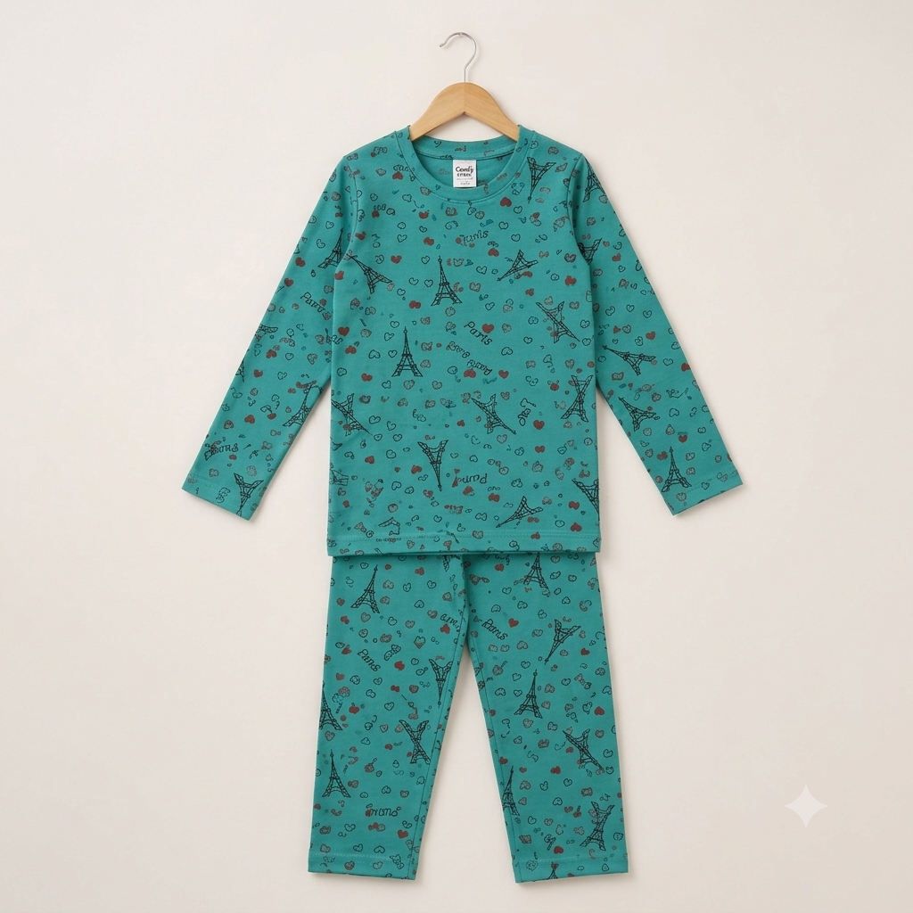 Green Eiffel Full Sleeves Cotton Jersey Nightsuit