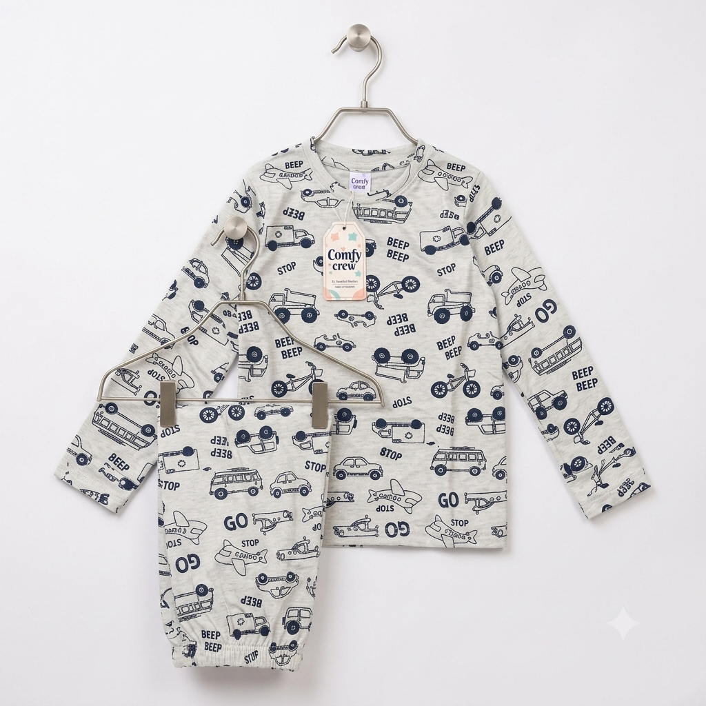 Car In Beige Full Sleeves Cotton Jersey Nightsuit