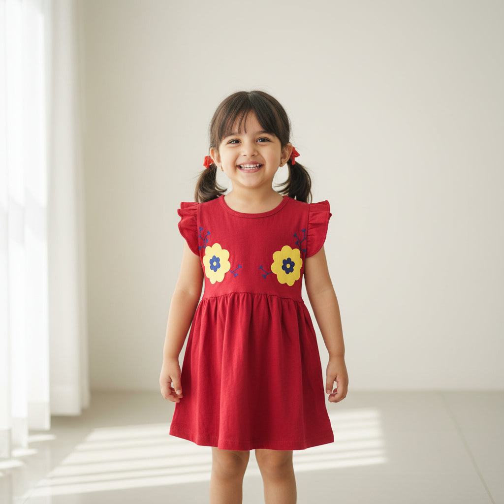 Red with Yellow Flowers Cotton Jersey Frocks