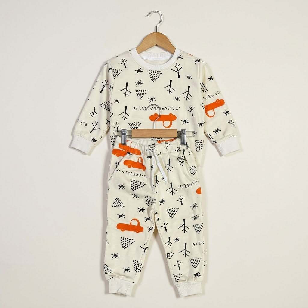 Orange Car In Beige Fleece Tracksuit